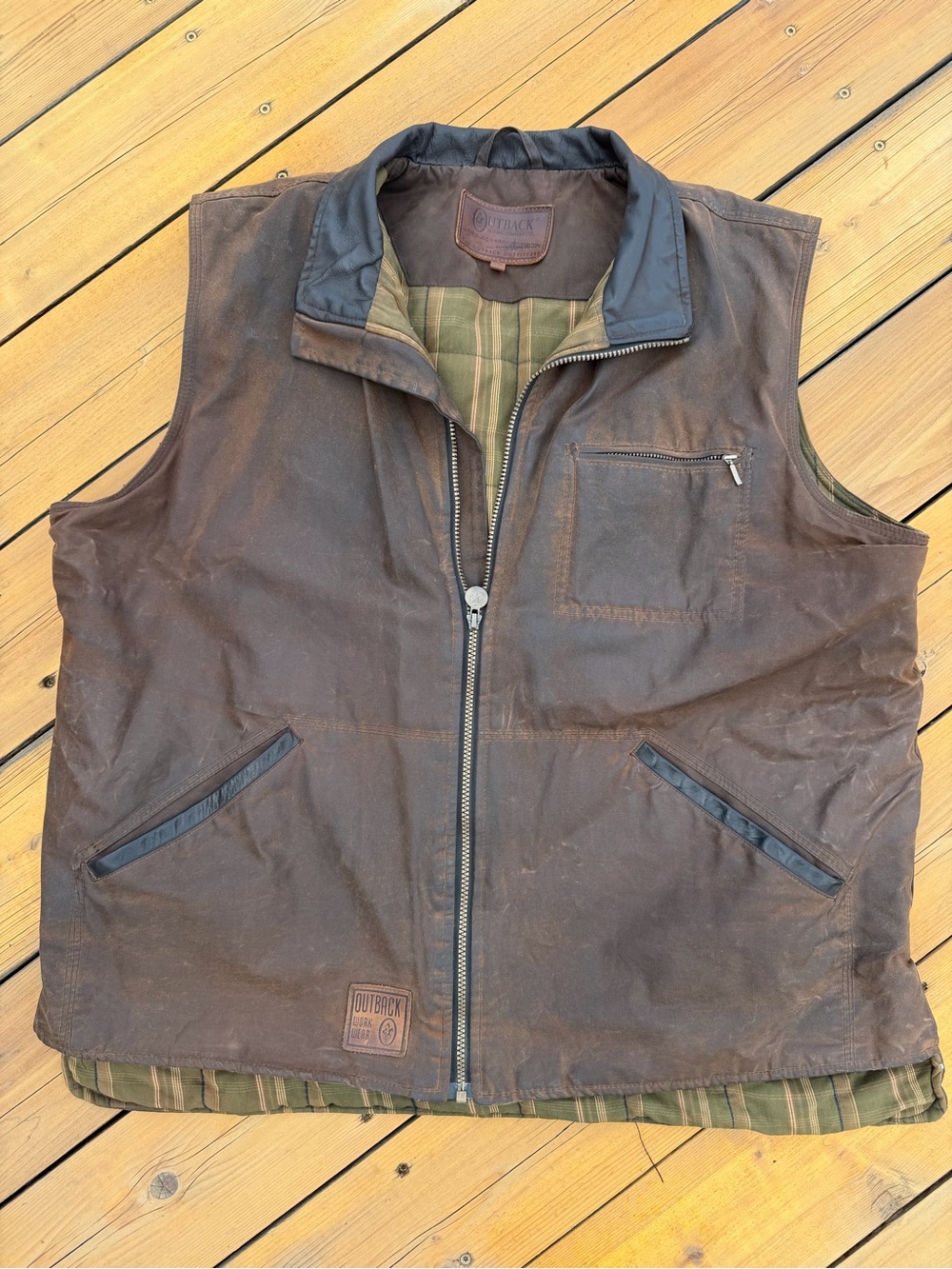Outback Trading Co. Waxed Canvas Work Vest Brown Plaid Lined XXL Ranch Western